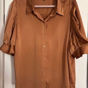 Skies Are Blue Copper Silky Button-Down Blouse